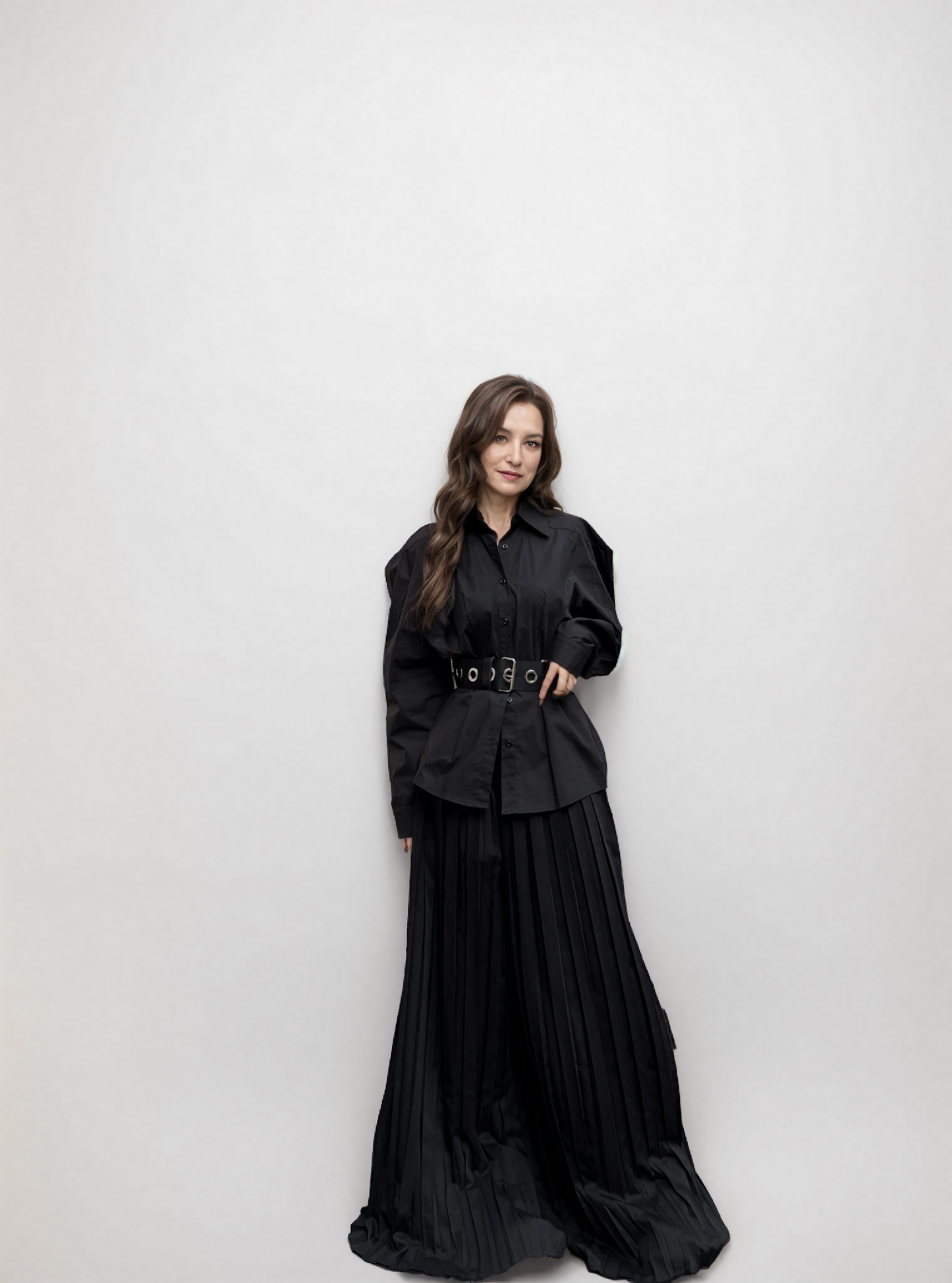 Elegant Navy Pleated Wide-Leg Trousers - Hand-Stitched Pearl & Shell Details