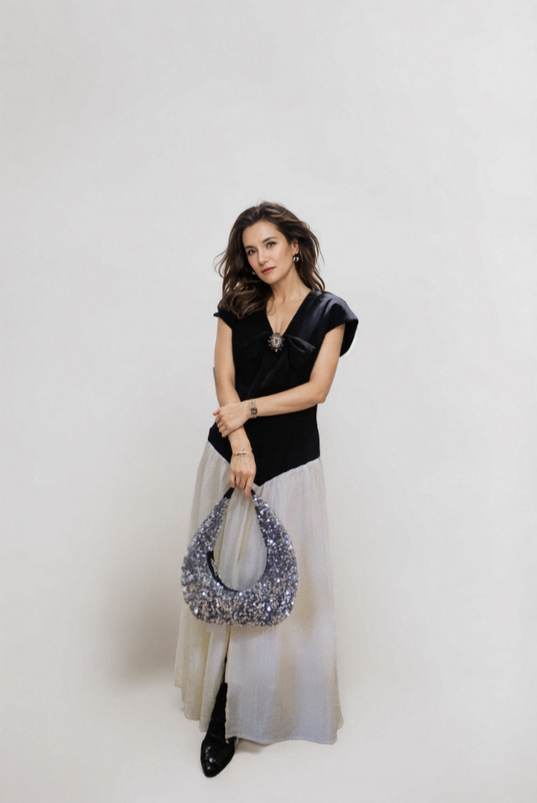 Stylish Black and Beige Color-Block Dress - Unique Low-Waist Design with Structured Fabric