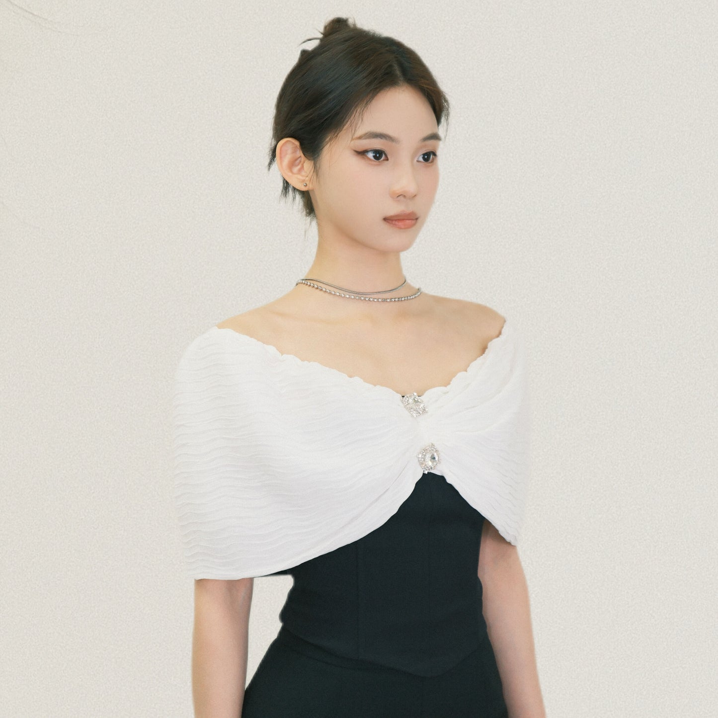 Off-Shoulder Textured Cape Top with Crystal Detail