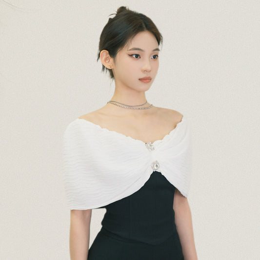 Off-Shoulder Textured Cape Top with Crystal Detail