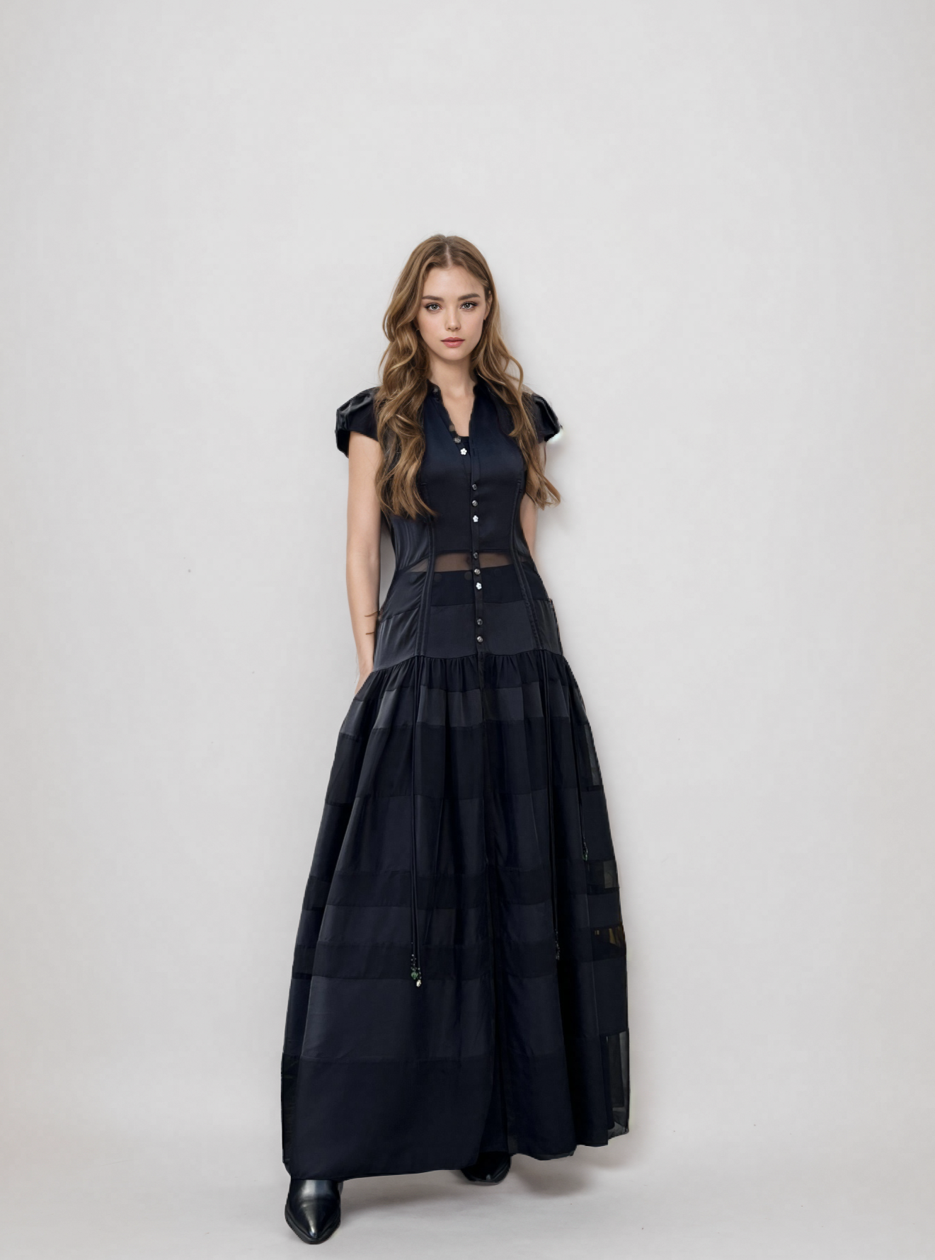 Black Silk Ankle-Length Dress with Custom Buttons and Layered Design – Luxury Formal Gown
