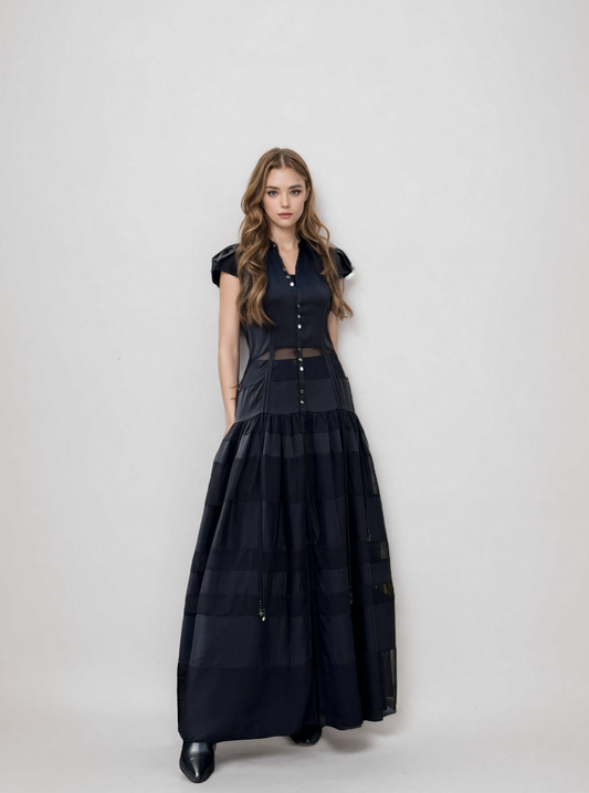 Black Silk Ankle-Length Dress with Custom Buttons and Layered Design – Luxury Formal Gown