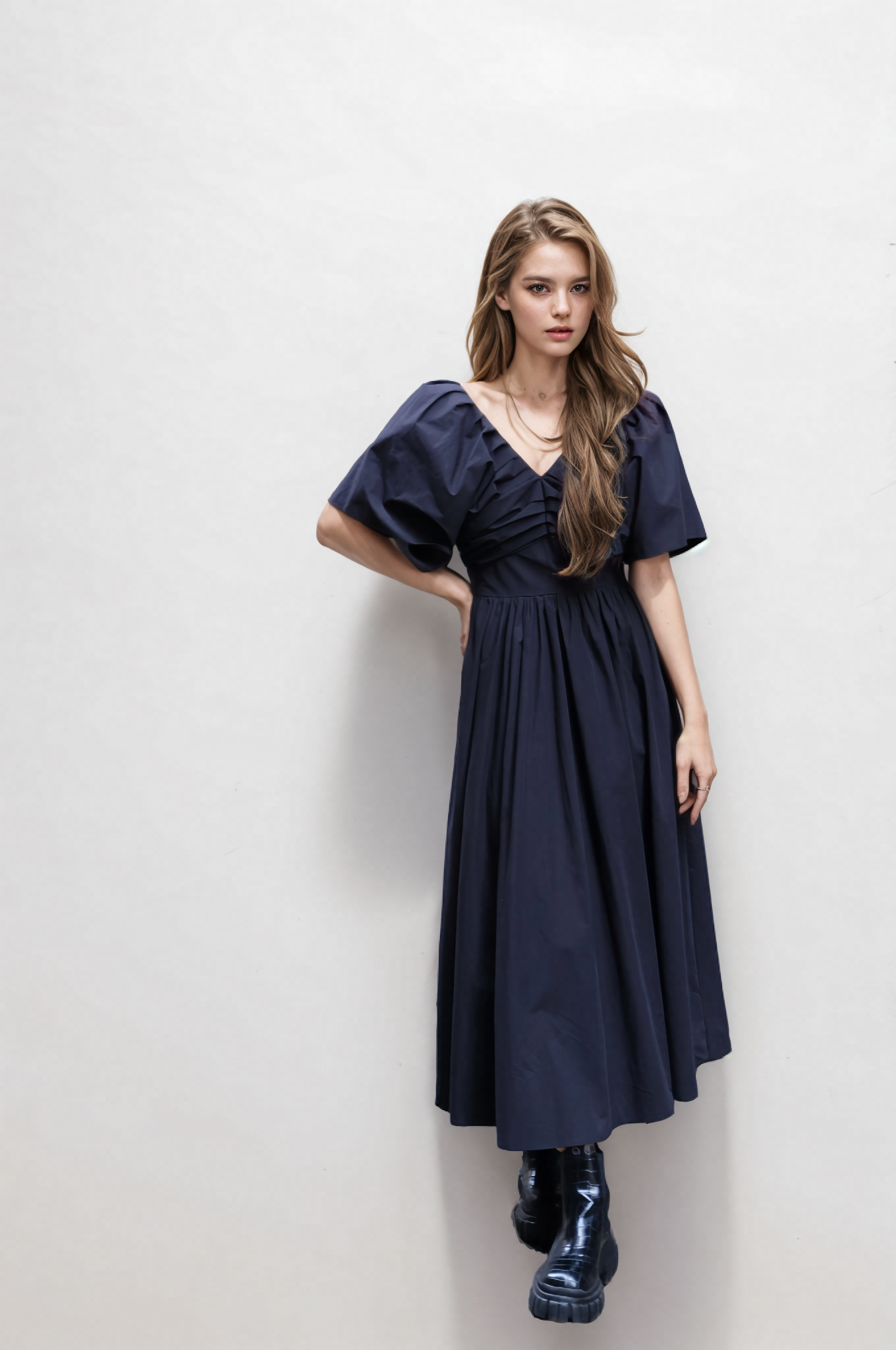 Chic Black Fitted Dress with Ruffled Sleeves - Elegant Knee-Length Cotton-Linen Blend